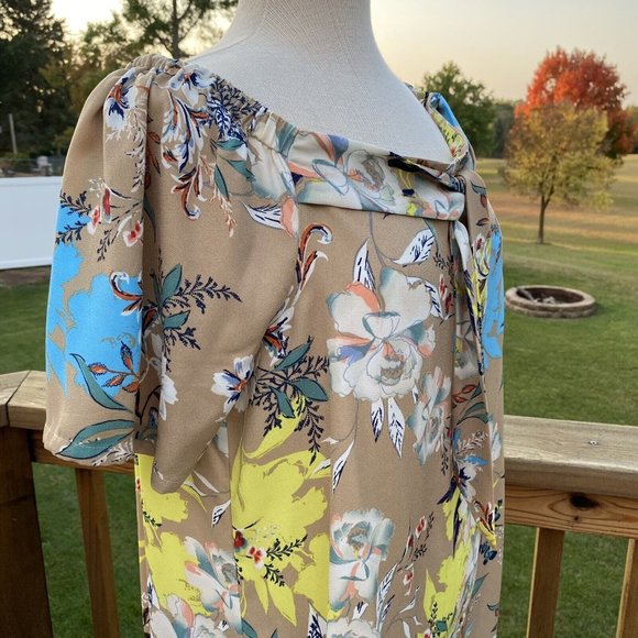 Nicole Miller Studio Floral Shift Dress Sz 12 Taupe Multi Off Shoulder Ties NWT - Picture 10 of 12